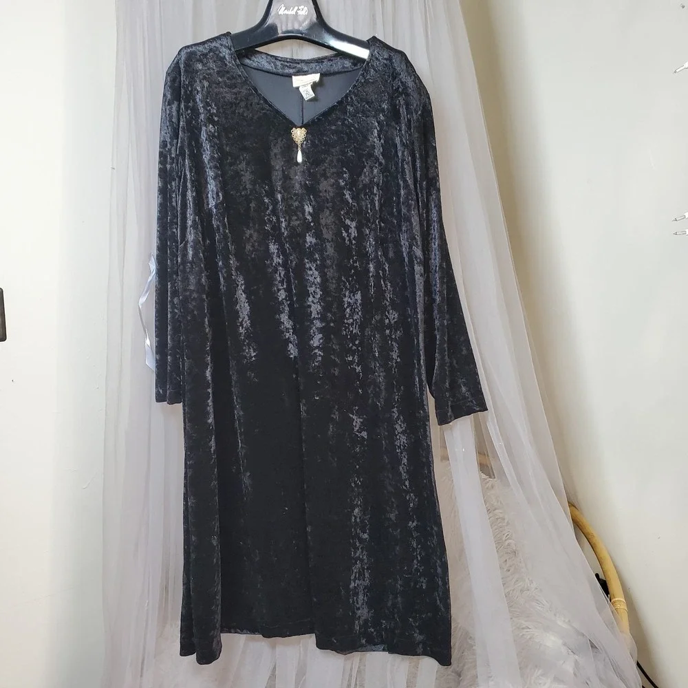 Vtg Whimsigoth Crushed Velvet Midi Swing Dress‎ 1X Black Witchy Dark Fairy Retro